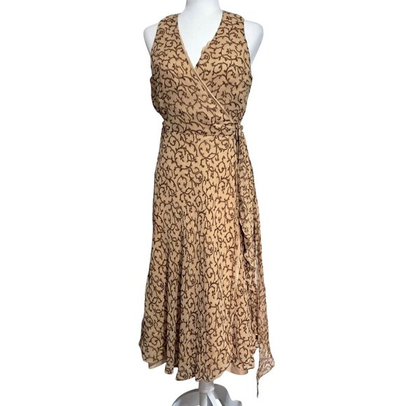 Lauren Ralph Lauren Dresses & Skirts - Lauren Ralph Lauren Tan & Brown Silk Wrap Dress Womens Size 12 Sleeveless Midi L